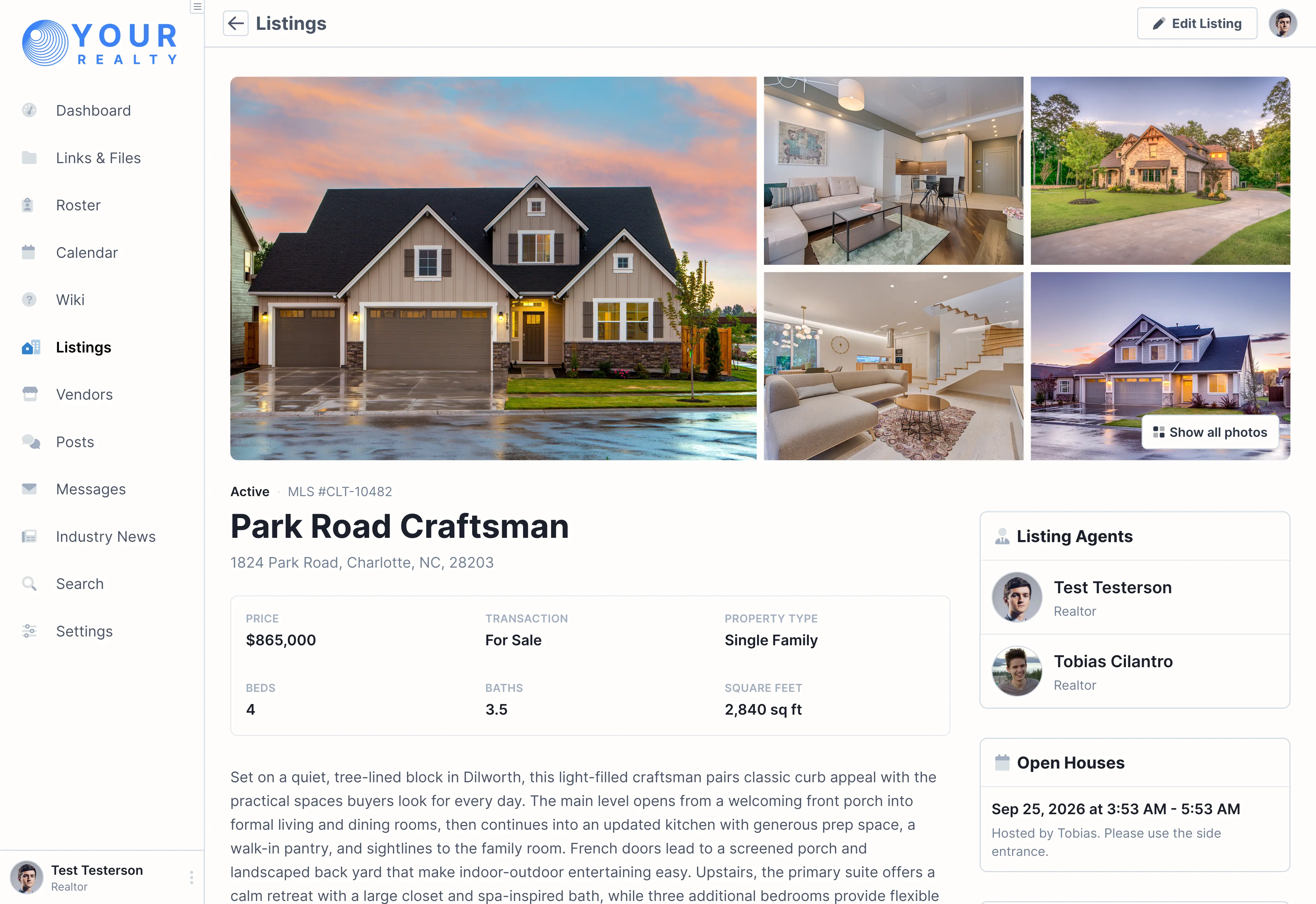 Desktop screenshot of the Listings page showing searchable property cards with listing photos, prices, statuses, and assigned agents.